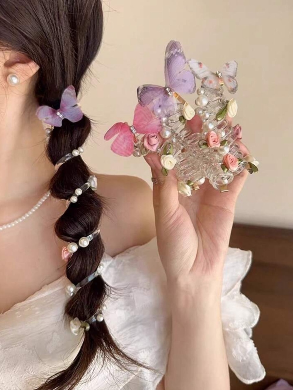Pearl & Butterfly Floral Hair Claw Clip - Pink Purple